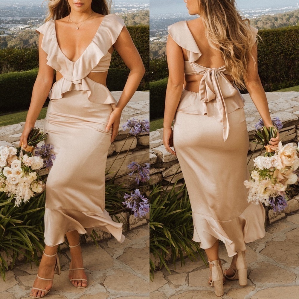 SHOW ME YOUR MUMU Zoey Midi Dress Champagne Luxe Satin XS